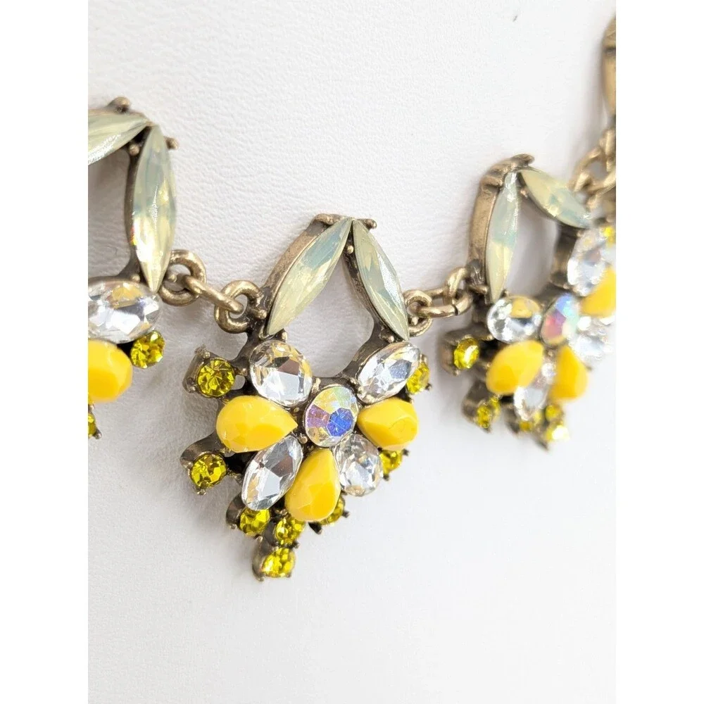 LOFT Statement Necklace Yellow Green Rhinestone Floral Gold Tone Resin 19 Inch